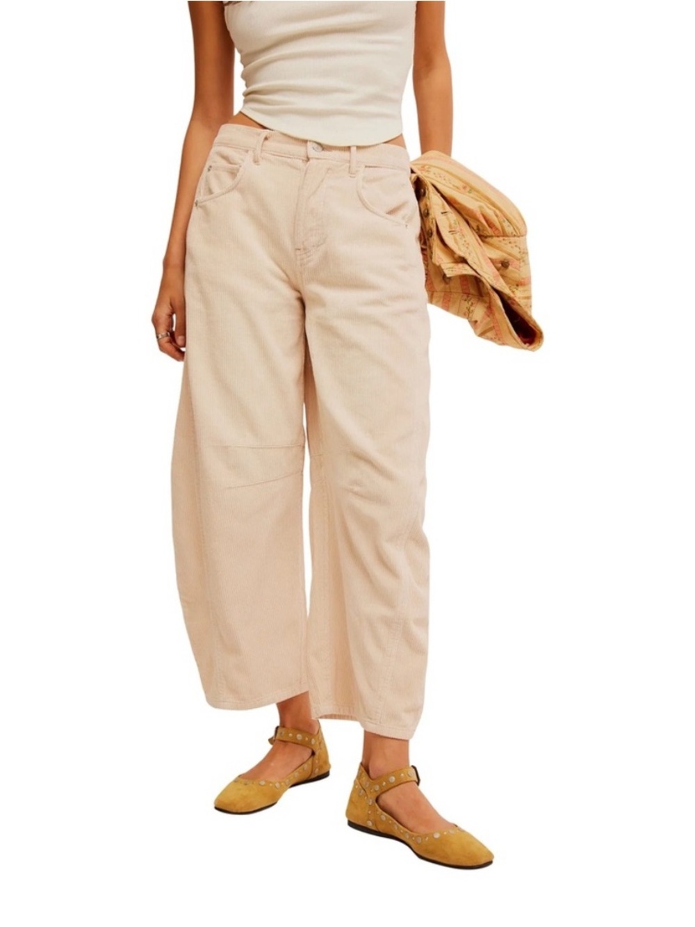 We The Free Good Luck Mid Rise Barrel Corduroy Jeans Crystal Grey Cream Size 24